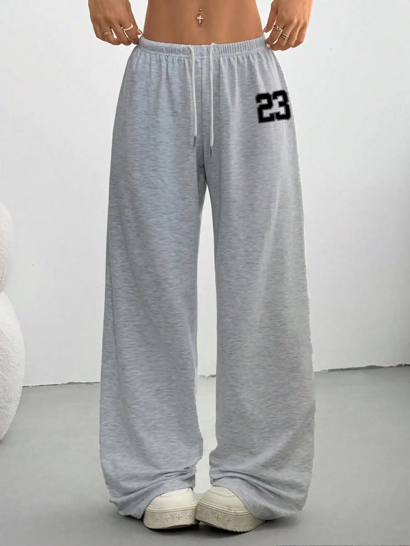 

Gray Loose Fit Sweatpants with Number Print, High Waist, Elastic Drawstring, for Casual Daily Wear