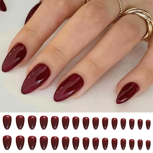 Imagen 2 del producto Nuevo 24/30 Uds uñas postizas de color rojo vino con pegamento de longitud media prensa de almendra en uñas postizas cabeza redonda ovalada cubierta completa puntas de uñas