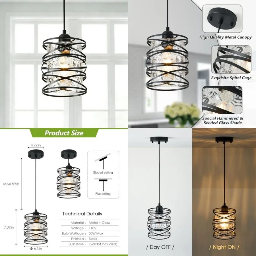 

Hammered Glass Pendant Light, Black Metal Spiral Cage Hanging Lamp, Adjustable Height Modern Hanging Light Fixture for Kitchen