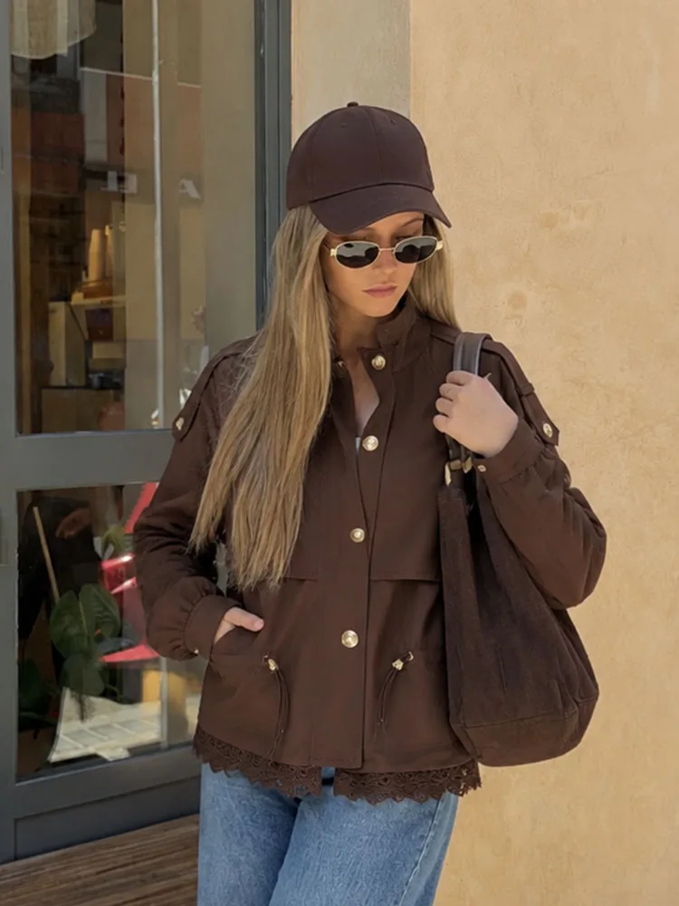 HH Vacation Getaway Multi Color Jacket Women Spring Autumn Lace Hem Gold Button Outdoor Travel Casual Chic Stylish Cozy Jacket