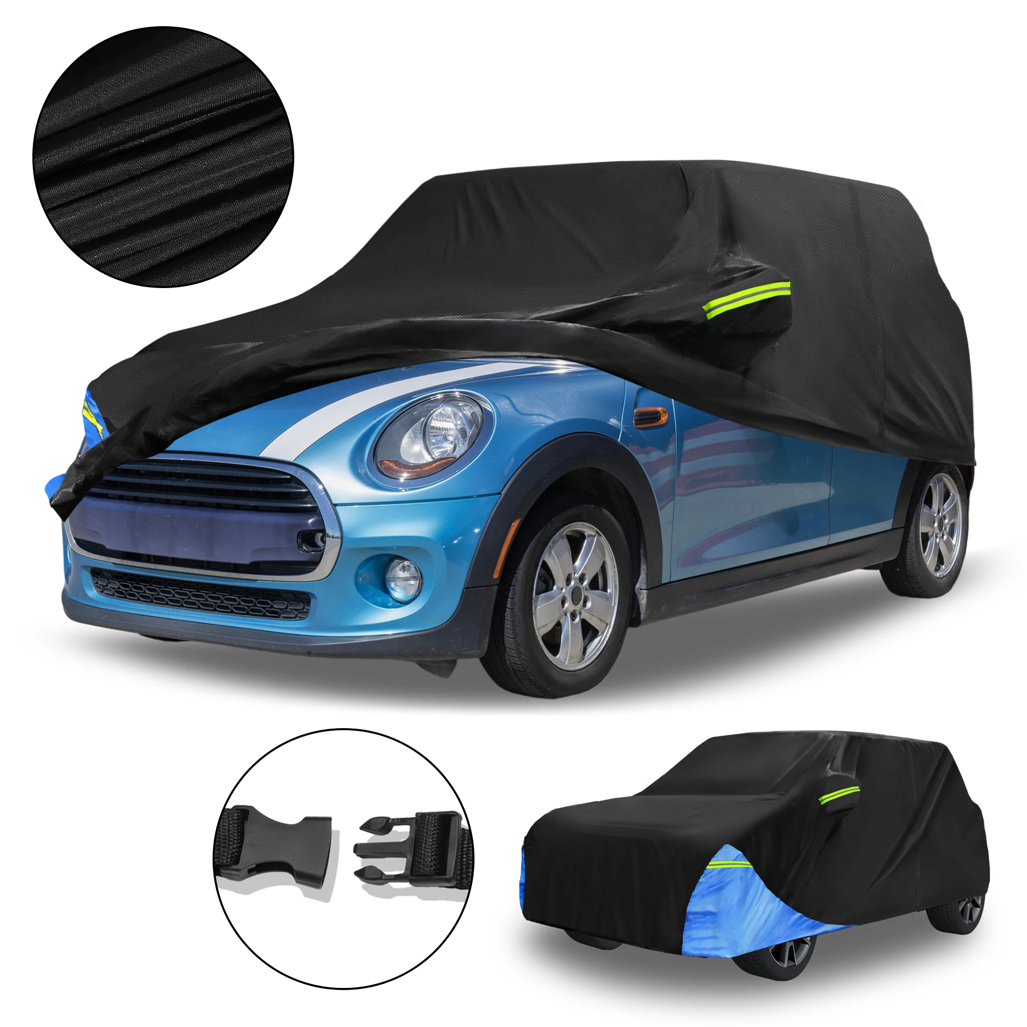 

Motoforti водонепроницаемый автомобильный чехол для автомобиля на открытом воздухе, полный автомобильный чехол для Mini Cooper 4DR 2014-2024 210Дблэк-синий с дверной молнией