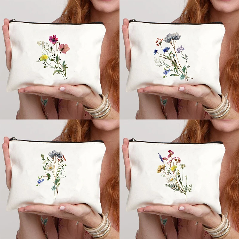 Bolsa cosmética reutilizável com estampa de flor, bolsa de maquiagem com zíper, bolsa de higiene feminina, organizador de armazenamento diário para vi