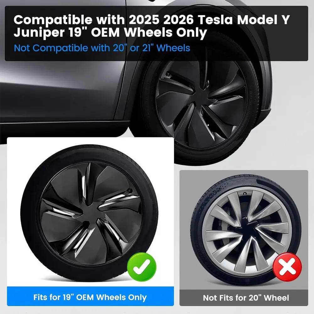 Hubcaps Fit for Tesla Model Y Juniper 2025 2026, 19" Silver + Black Wheel Covers with Center Caps, Cross-Spoke Design Rim Covers