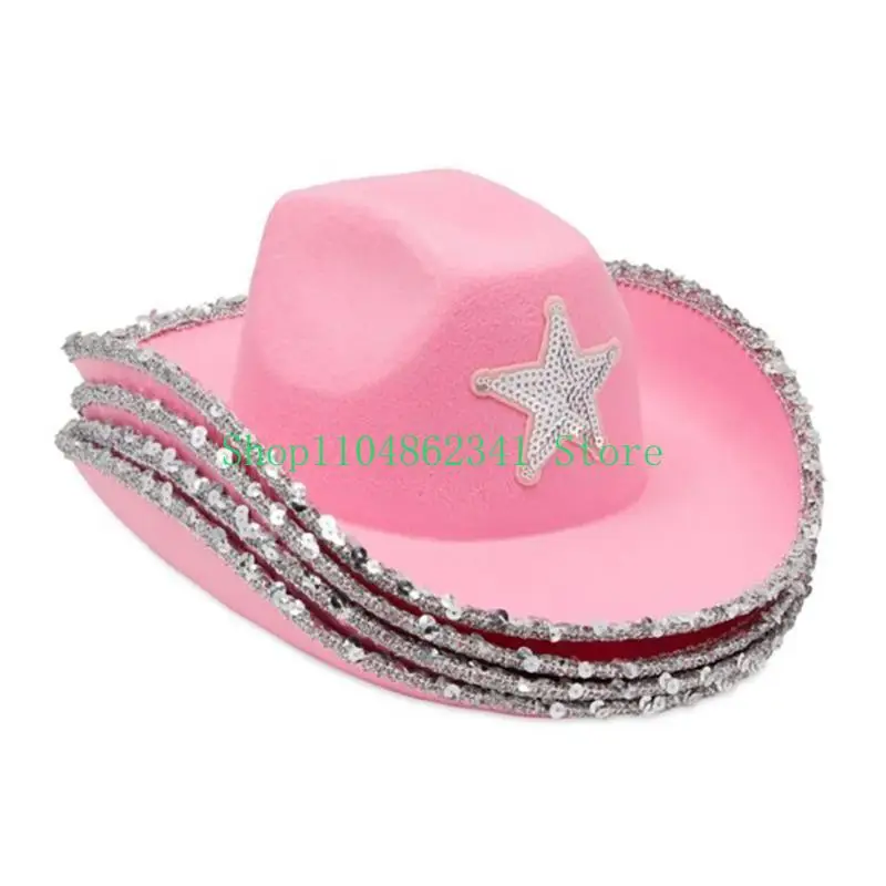 652F Pink Cowgirl Hat Sparkling Sequins Trim for Halloween Dress Up Party Supplies