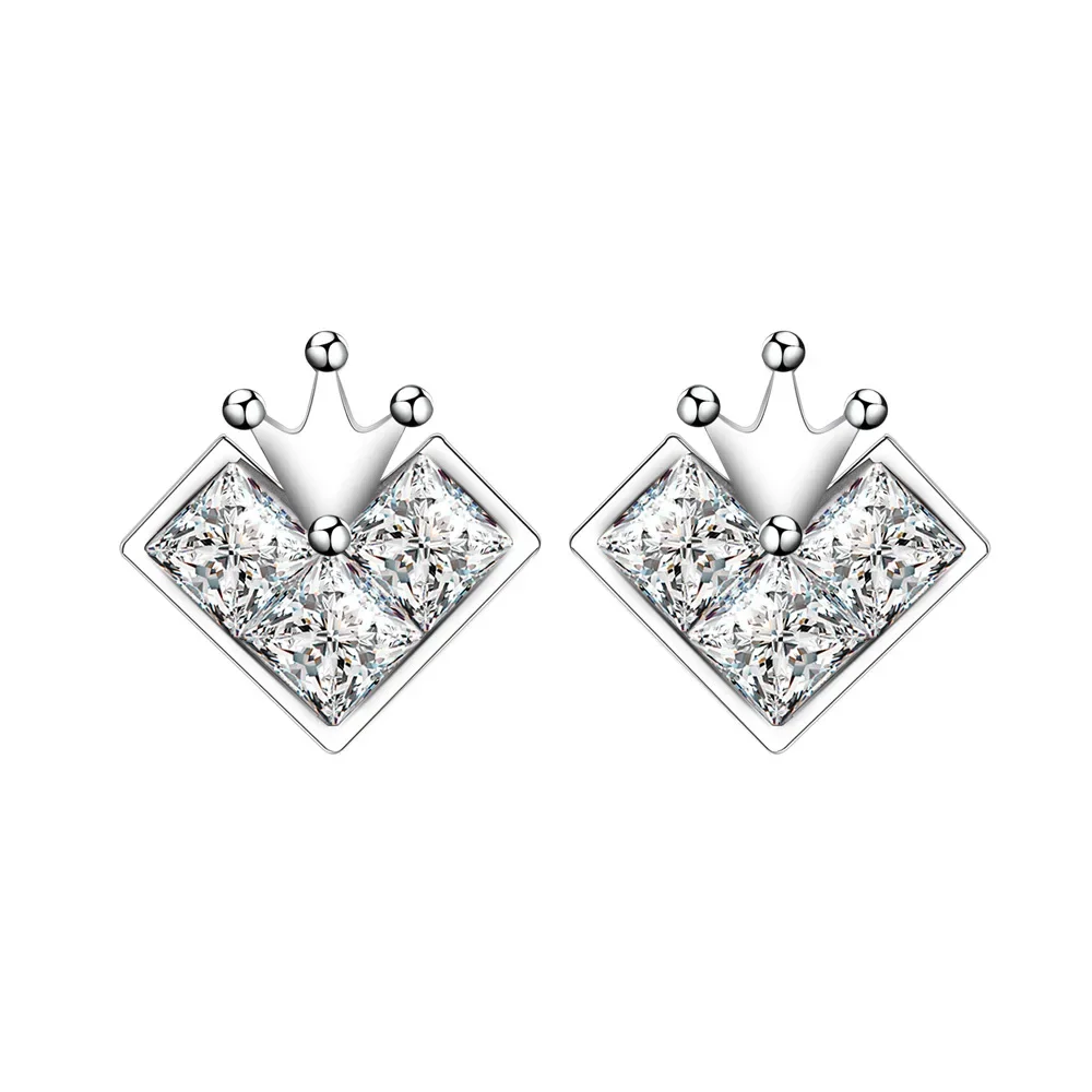 New Models Crown Heart Shaped Earrings 5mm Princess Square High Carbon Diamond 925 Silver Earrings Small and Versatile