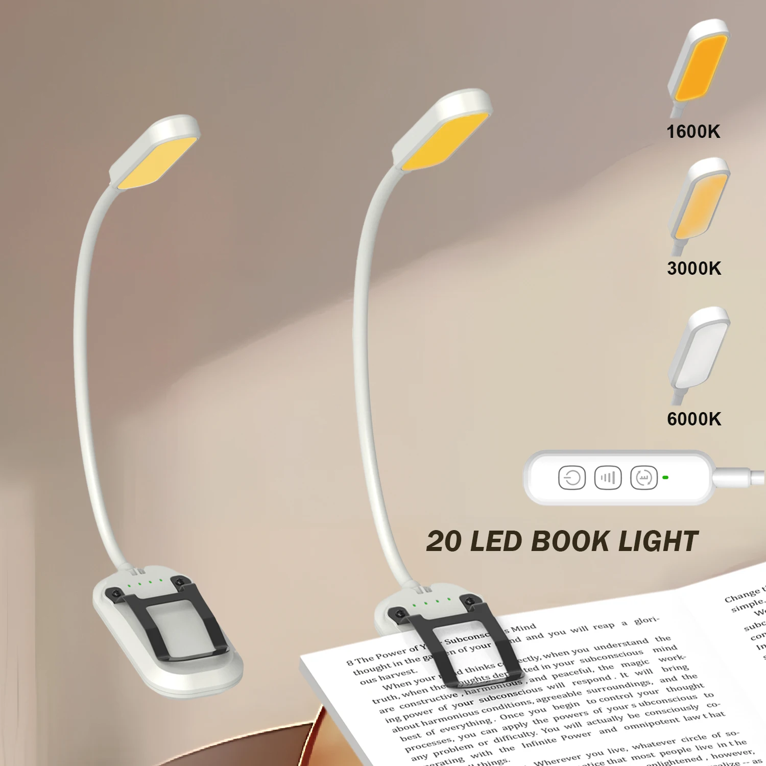 20 LED Smart Book Light, 3 Color Temperatures, 50H Runtime, Type-C Charging, Auto Timer, Eye-Caring Reading Lamp for Dormitory U