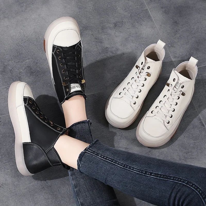 Women Casual Genuine Leather Soft Sole Higth Top Walking Sneaker Girl Student Sport Jogging Shoes Flats Trendy Marton Ankle Boot