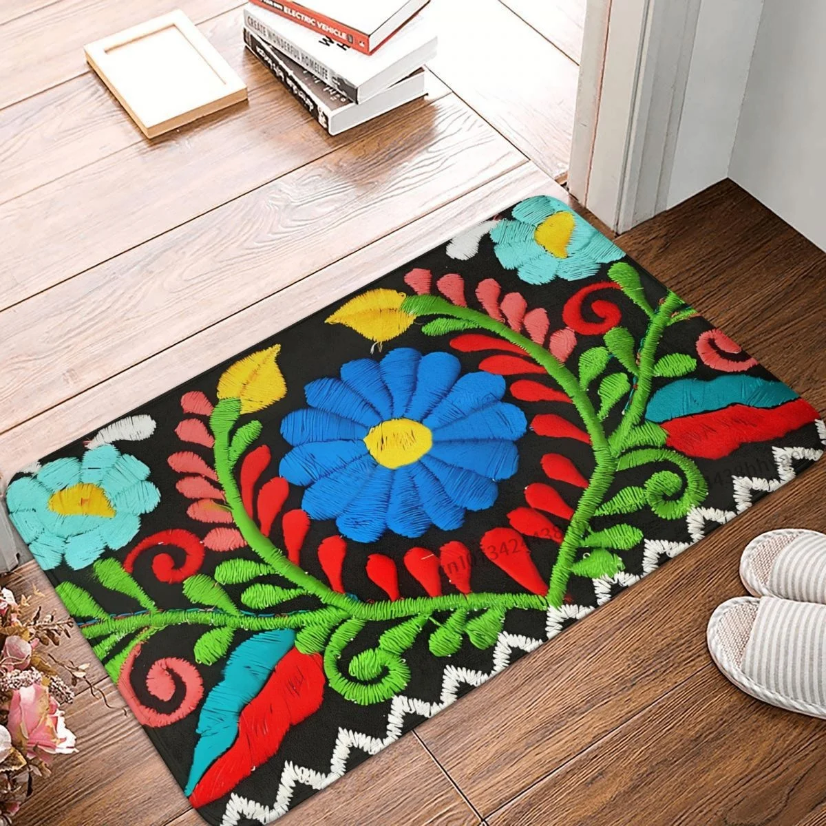 Mexican Portuguese Embroidered Flower Anti-Slip Doormat Living Room Mat Hallway Carpet Entrance Door Rug Bedroom Decorative