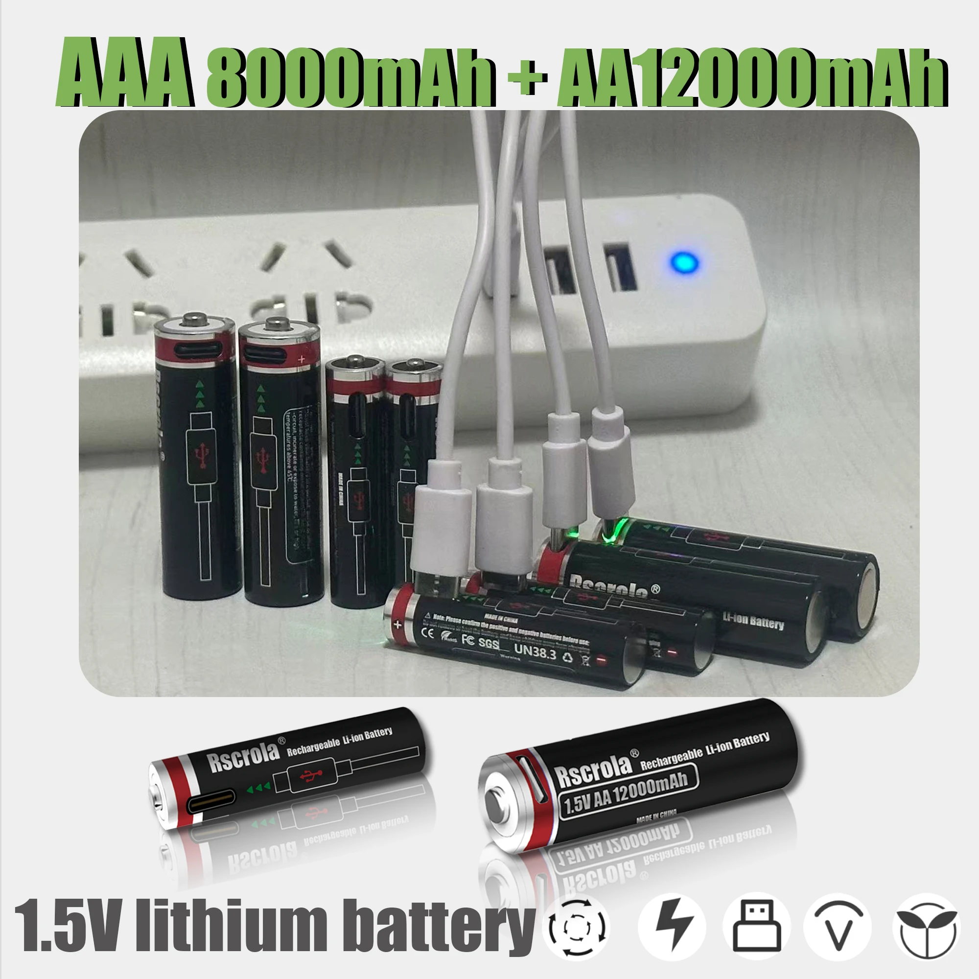 بطاريات ليثيوم أيون 1.5 فولت AA12000 مللي أمبير + AAA 8000 مللي أمبير بطاريات AA قابلة للشحن 1.5 فولت بطارية AAA مع كابلات USB-C