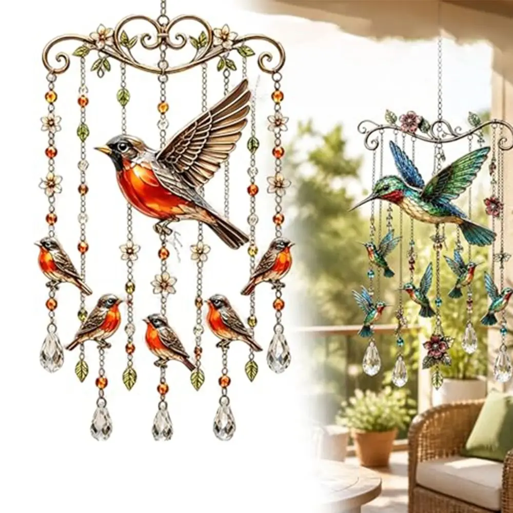 Crystal Wind Chime Hummingbird Wind Chime Crystal Pendants Hummingbird Bird Wind Chime Colorful Metal Suncatcher Wind Chime