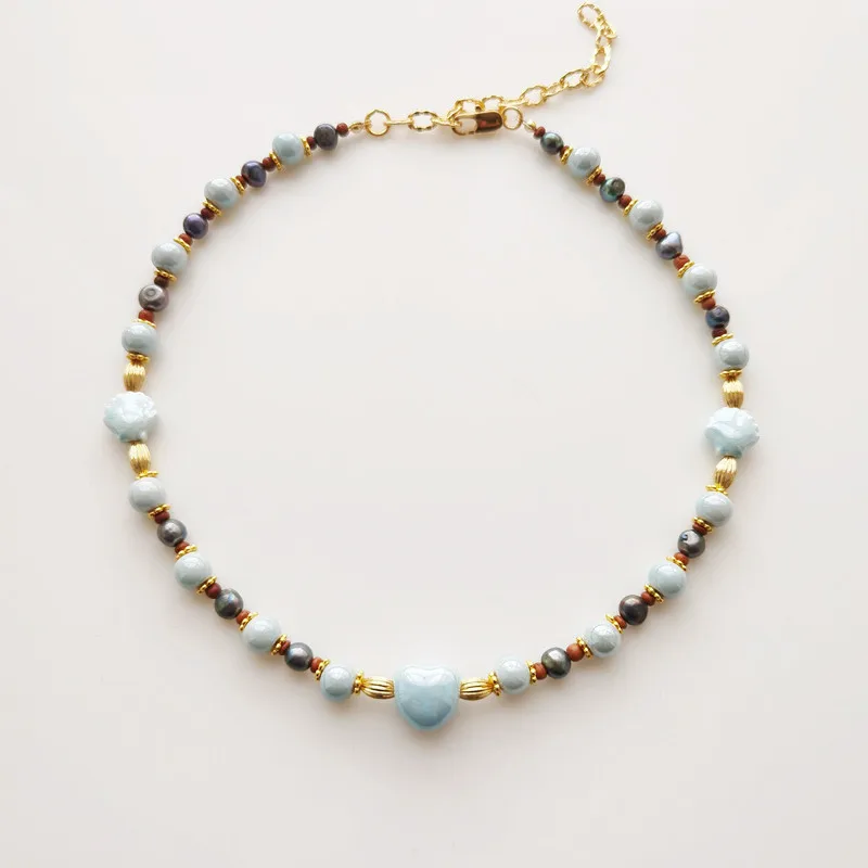 2026 New Arrival Spring Summer Light Luxury High-end Blue Ceramic Dark Blue Natural Freshwater Pearl Stitching Necklace Women