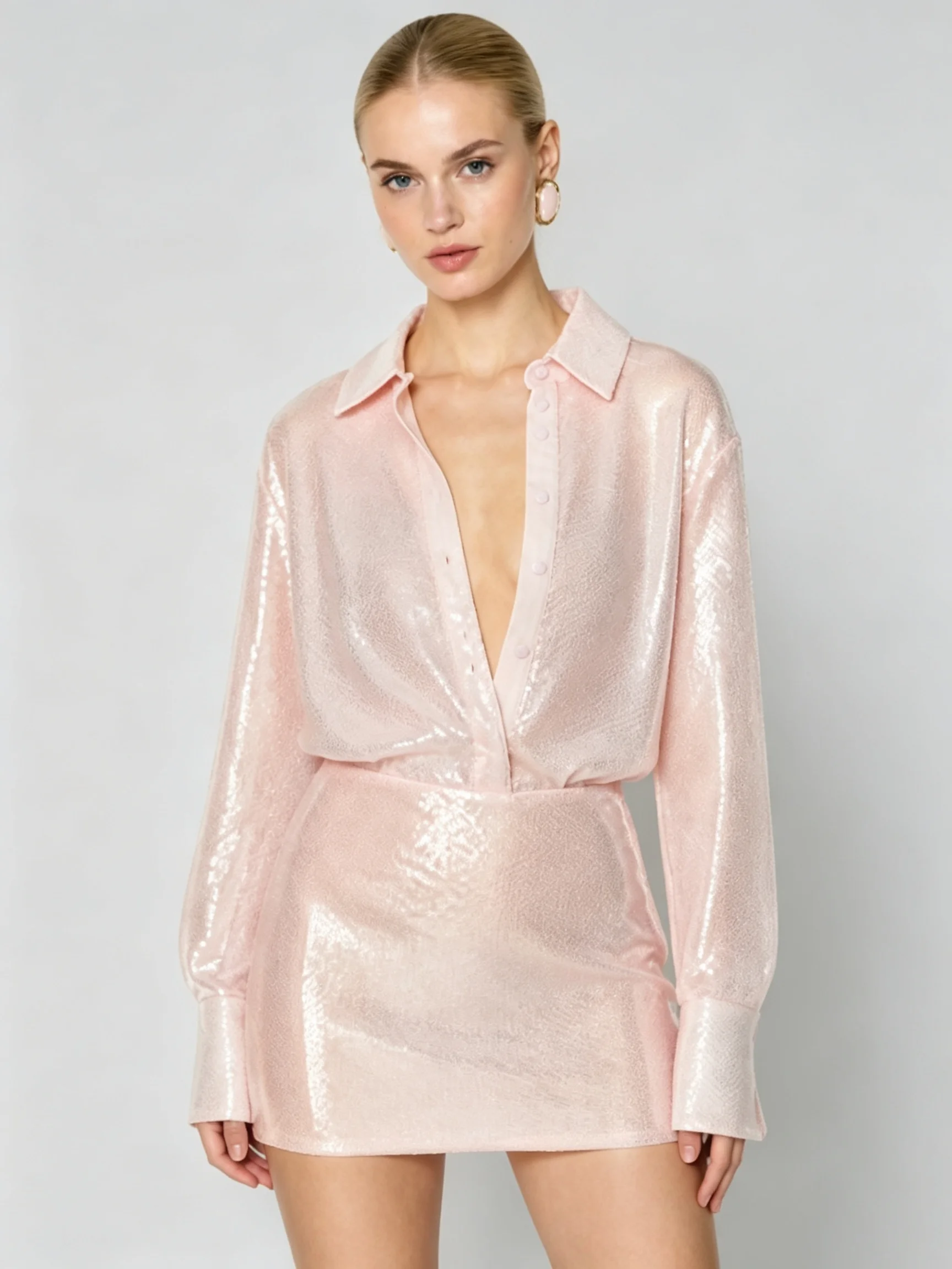 LIMO Glitter Textured Button Front Loose Top Slim Skirt Two Piece Set