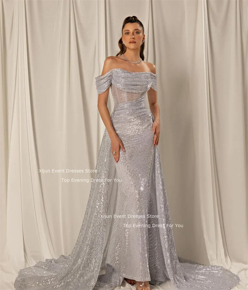 Xijun Gray Mermaid Wedding Dresses Sequined Sleeves Off The Shoulder Bridal Gowns Prom Dresses Saudi Arabric Wedding Party Dress