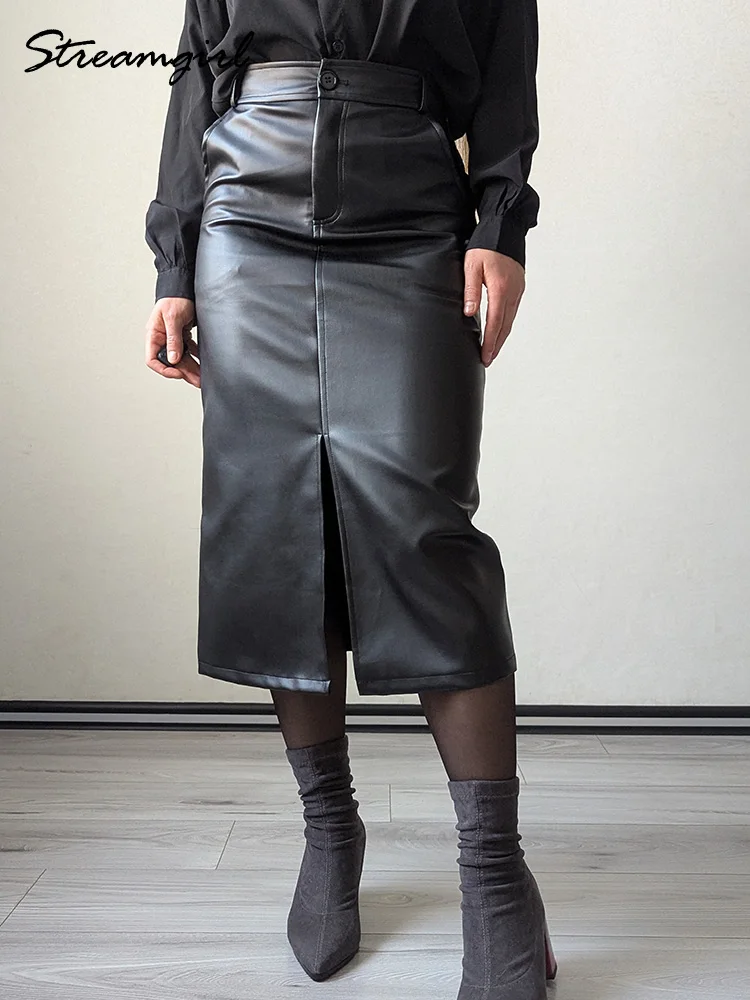 Long Leather Skirts For Women Brown High Quality PU Midi Bodycon Skirt Front Split High Waist Women's Leather Skirt Black Midi