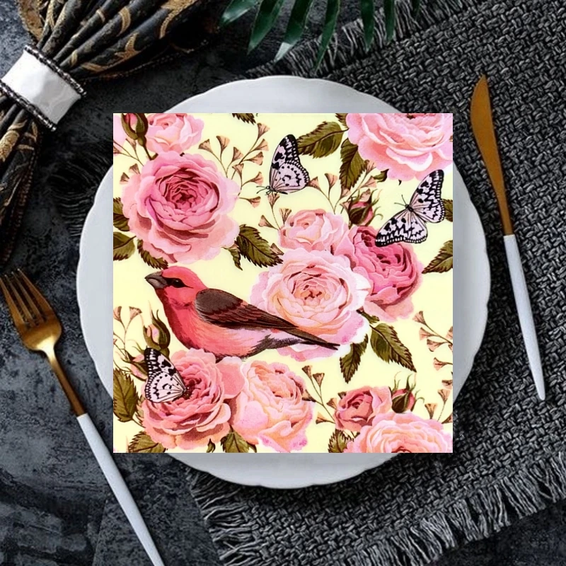 20Pcs/Pack Decoupage Paper Butterfly Birds Flower Napkins Vintage Rose Tissues for Wedding Party Supplies Serviettes Home Deccor