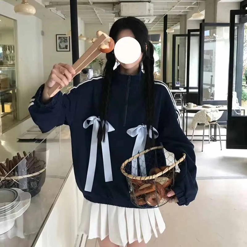 Detachable Bow Hoodie Women Y2k Sweet Harajuk Casual Stripe College Sweatshirts Korea Loose Zipper Cardigan Jacket Female Spring