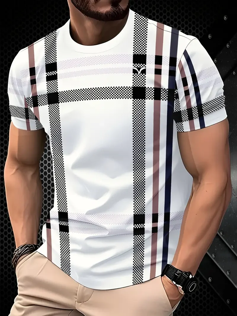 Outdoor Men's T-shirt Summer Round Neck Short Sleeve Top Stripe Print Street Loose T-Shirt Male Oversized Clothing image 3