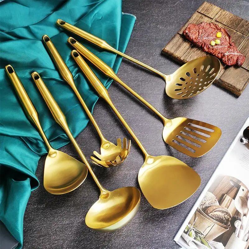 7Pcs Stainless Steel Kitchenware Set Luxury Golden Cooking Spoon Spatula Soup Colander Spatula Accessories Home Kitchen Tools