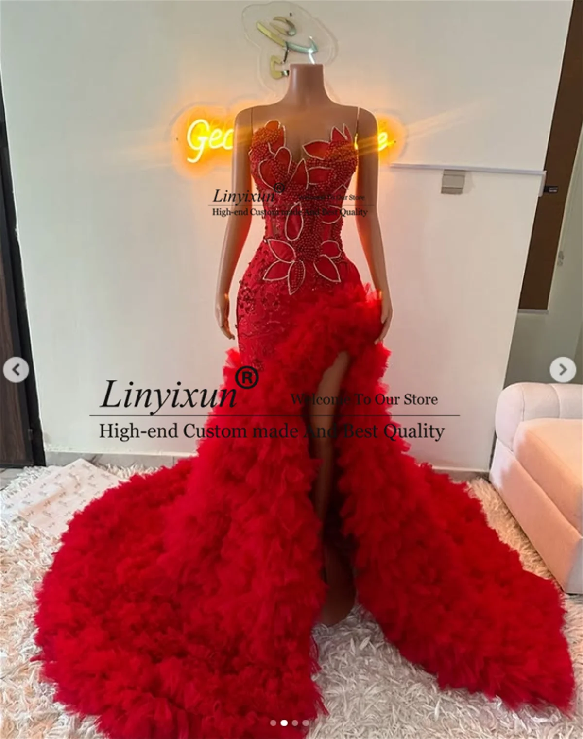 Vestidos De graduación De sirena florales con cuentas brillantes, vestidos De fiesta De noche sexis con abertura larga, bata De fiesta árabe De Dubái personalizada con volantes