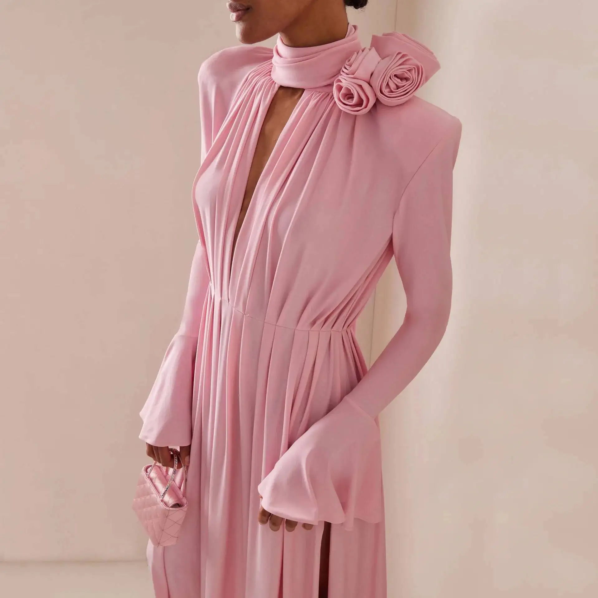 with Women's High-end Dress Hollowed Out Deep v Neck Hanging Dress Pleated and Draped Three-dimensional Flower Long Skirt Women - view 2