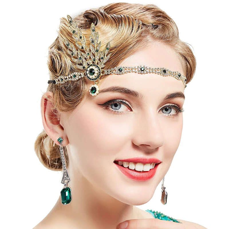 1920's Flapper Headband Leaf Rhinestone Headpiece Pearl Headdress Bridal Hair Accessories Head Chain for Women