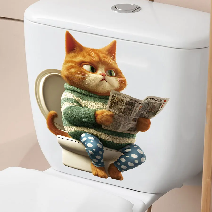 Hilarious Cat Reading Newspaper Toilet Decal Funny Bathroom Vinyl Sticker For Kids' Bathroom Themed Waterproof Toilet Decor