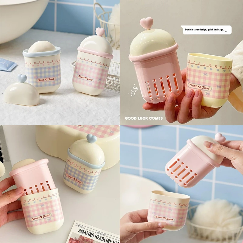 Sweet Cute Double Layer Soap Dish With Lid Portable Soap Draining Holder Cotton Swabs Storage Box Bathroom Organizer