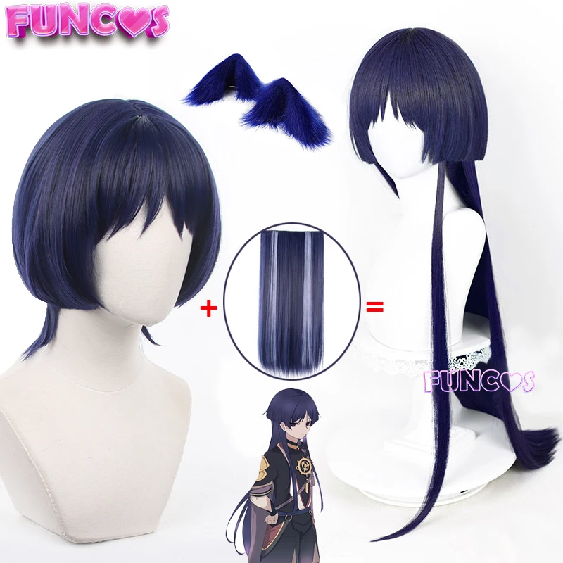 Scaramouche Wanderer Cosplay Wig Genshin Impact Short Hair Long Hairpieces Ears Blue Mix Purple Sumeru Kunikuzushi Free Wig Cap