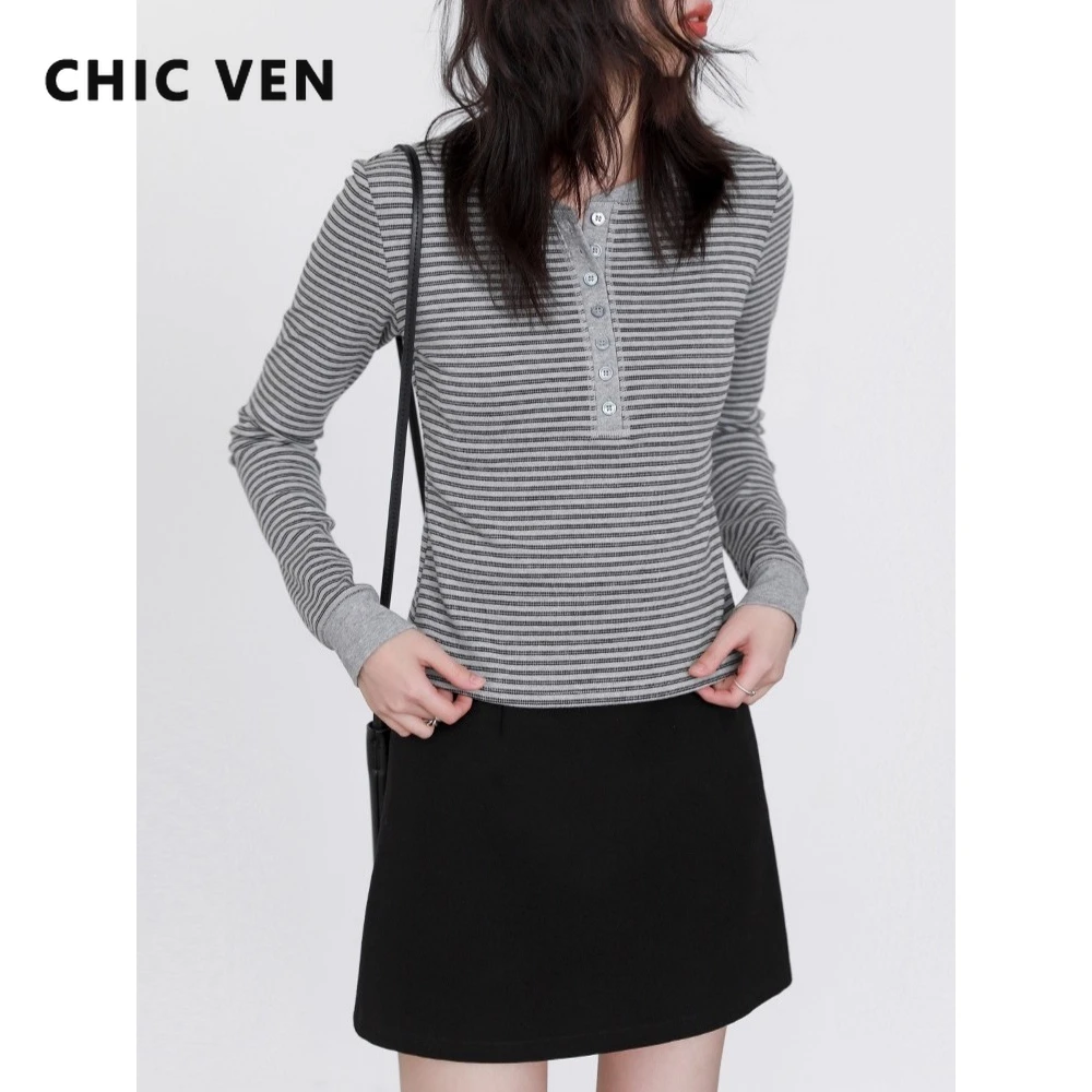 

Новые женские футболки CHIC VE: облегающие, с круглым вырезом, вязаные, с контрастными полосками, с длинным рукавом, базовый топ-пуловер для женщин, осень-зима 2025
