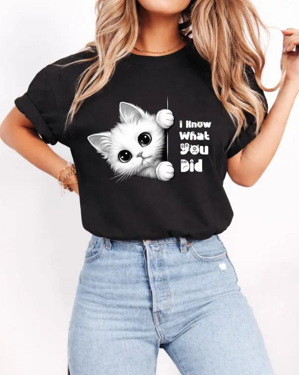 Cute T-Shirt Kawaii Cat I Know What You Did Short Sleeves Soft Aesthetic Funny Cat Lover Casual Streetwear Graphic Tee Top Y2k