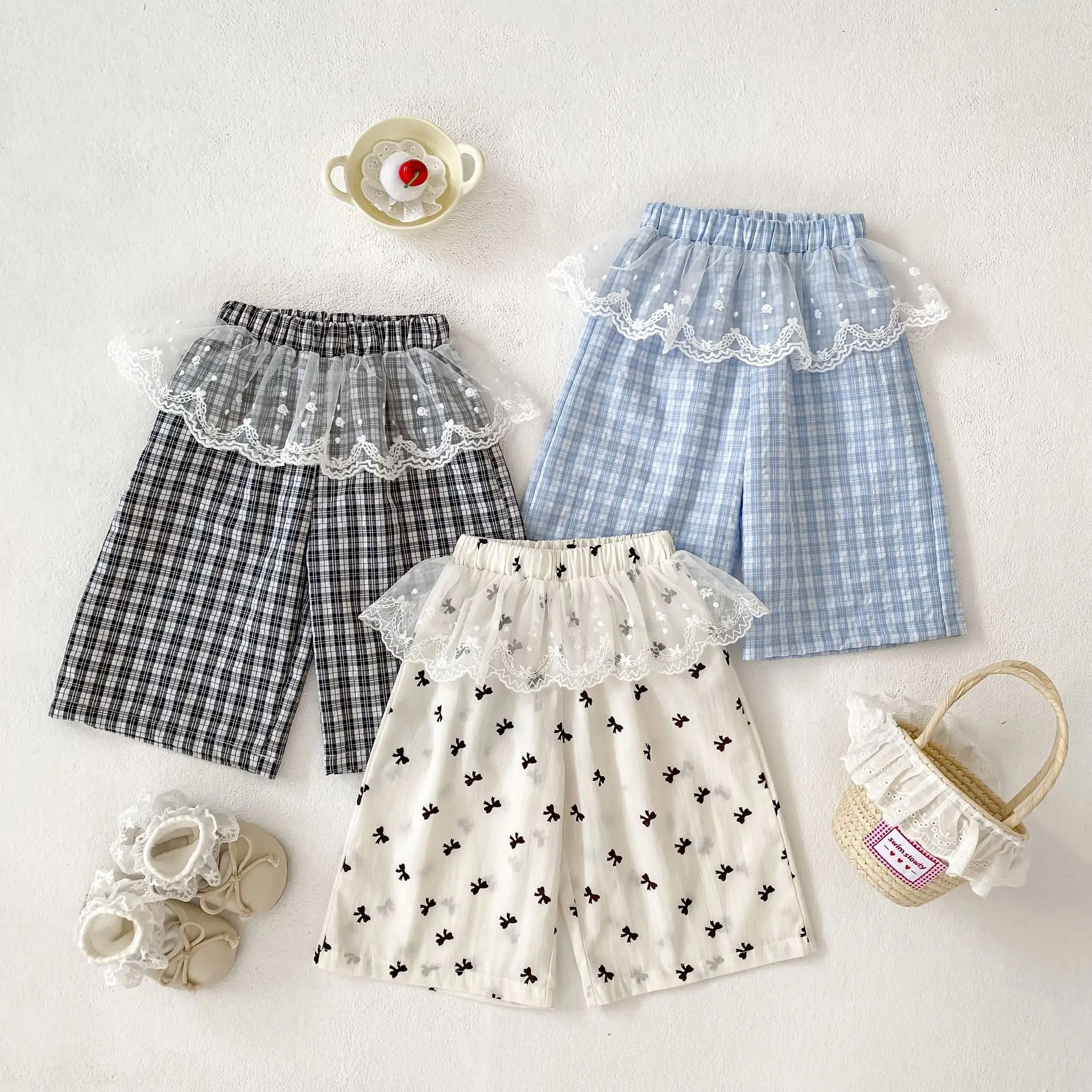 2026 Summer New Baby Loose Trousers Cute Infant Girls Thin Lace Plaid Pants Cotton Kids Wide Leg Pants Toddler Clothes