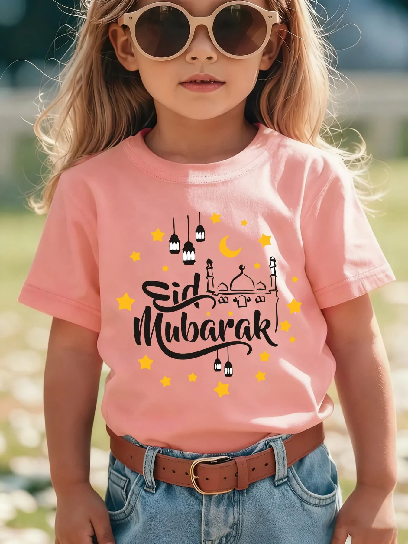 Ramadan Summer Fashion Children's T-shirt Eid Mubarak Star Moon Lantern and Other Cartoon Pattern Printed Casual Versatile Top