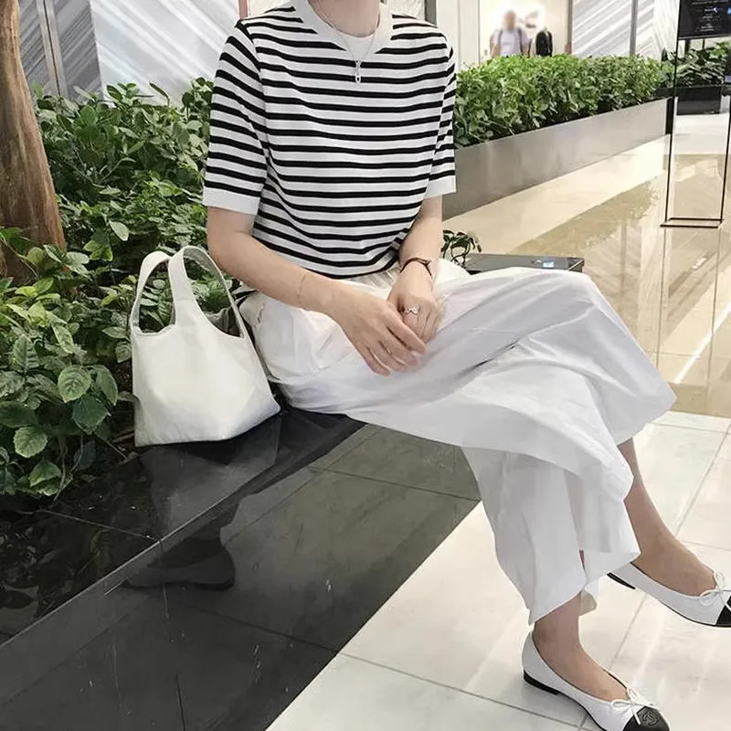 Classic summer thin black and white striped ice silk short-sleeved knitwear women loose slimming large size half-sleeved T-shirt