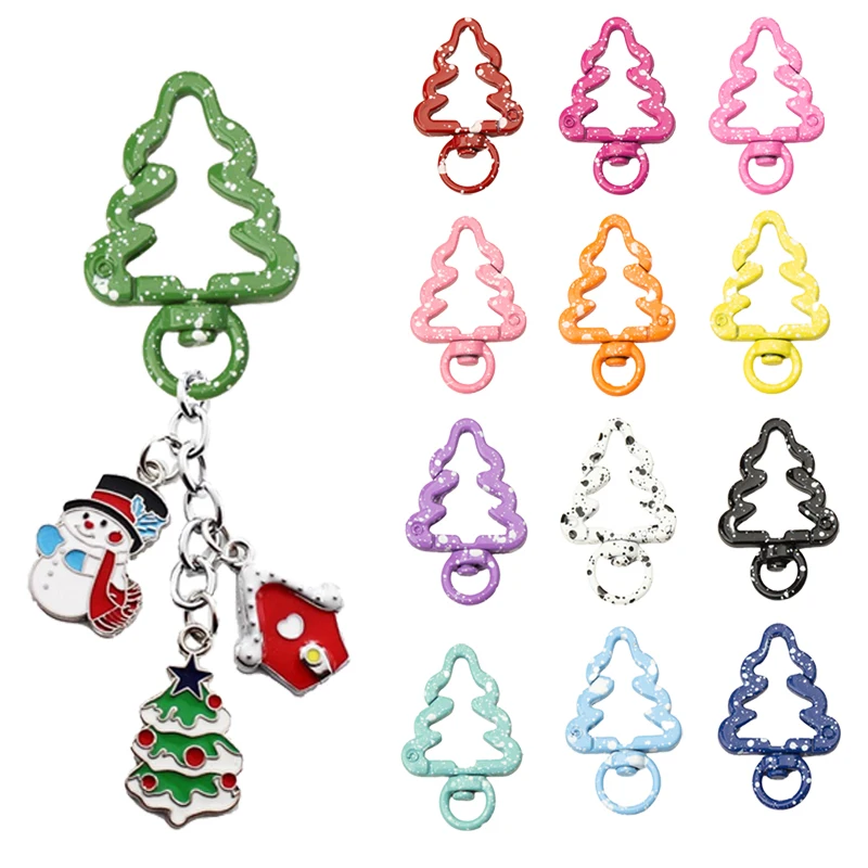 5 Pcs Colorful Christmas Tree Keychain Hand-painted Snowflake Open Spring Coil Buckle DIY Key Ring Plush Pendant Accessories