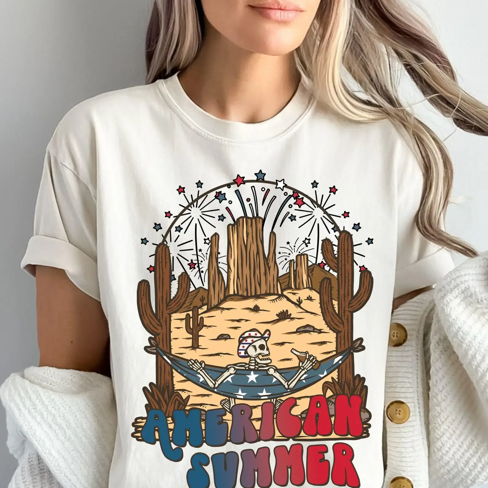 American Summer Skeleton Desert Hammock T Shirt Funny Patriotic Western Fourth of July Casual Holiday  vintage Washed Soft