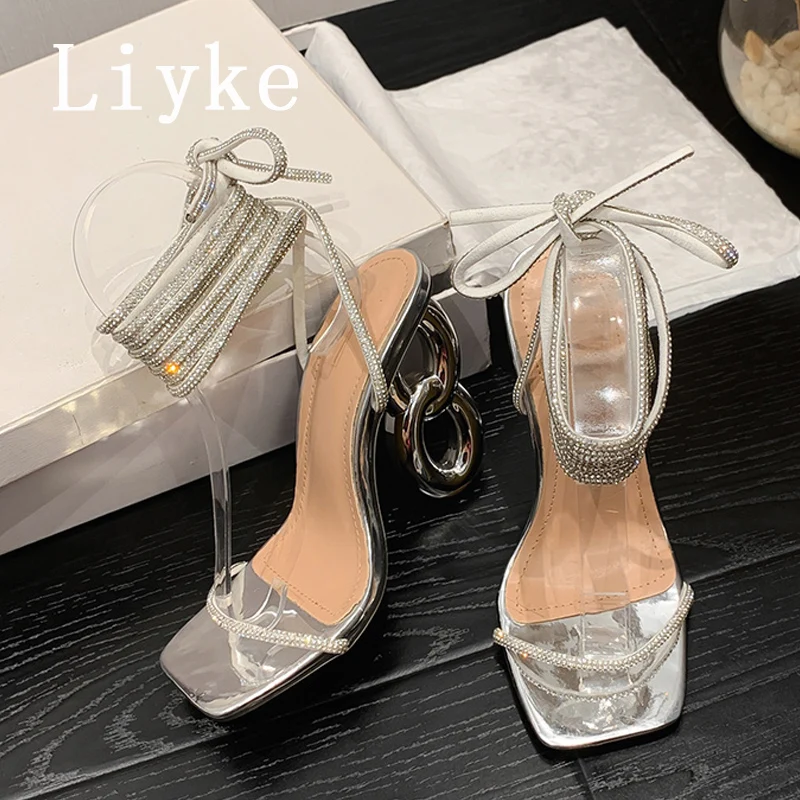 Liyke Elegant Women Party Wedding Shoes Fashion 12.5CM Strange High Heels Gold Silver Square Toe Crystal Ankle Strap Sandals