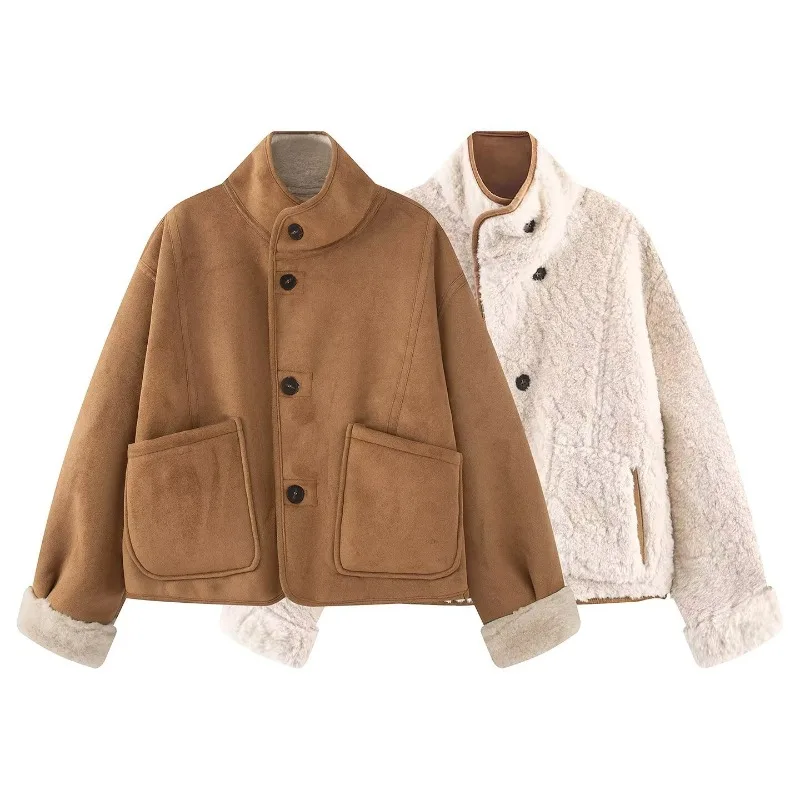 Womens Reversible Faux Shearling Jacket Stand Collar Single Breasted Long Sleeve 2026 Fall Winter New Trendy Chic Soft Outerwear