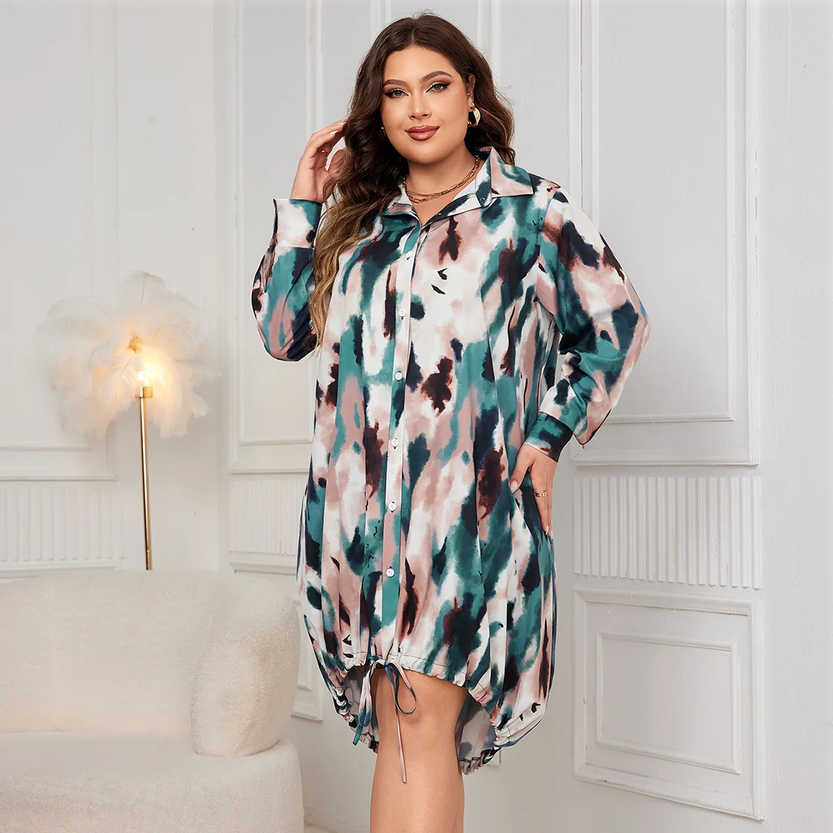 Closure Dress Hem Long Skirt Plus Size Loose Long Sleeved Polo Collar Dress for Women 2025 Party Summer Elegantes Casual Y2k