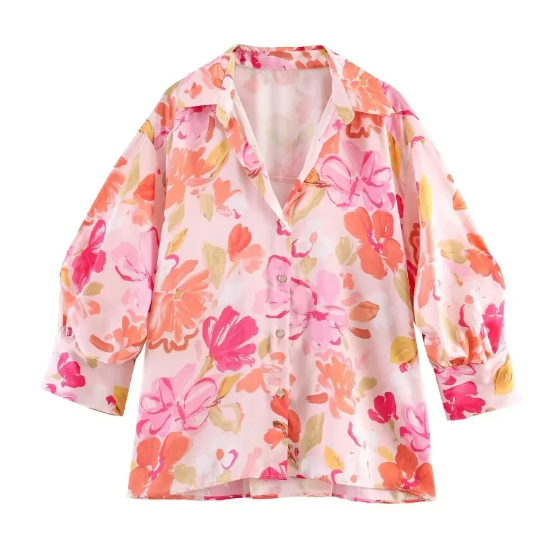 ZHIO Fashion Women Fashion Printed Single Breasted Blouse Vintage Lapel Neck Long Sleeves Female Chic Lady Shirts