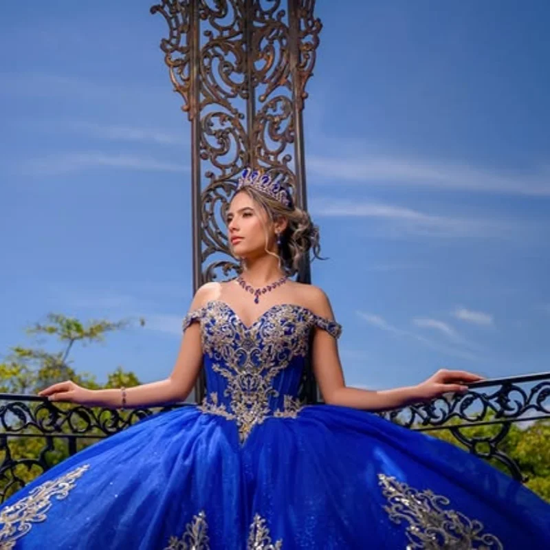 

Royal Blue Quinceanera Dresses Off the Shoulder Golden Glitter Crystal Decal Long tail Vestido 15 Quinceanera Customized