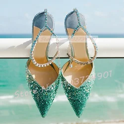 Crystals Chain Bling Sandals Female Ankle Strap Pointy Toe Gretel High Heels Shoes Lady Sexy Elegant Gems Luxury Party Sandals