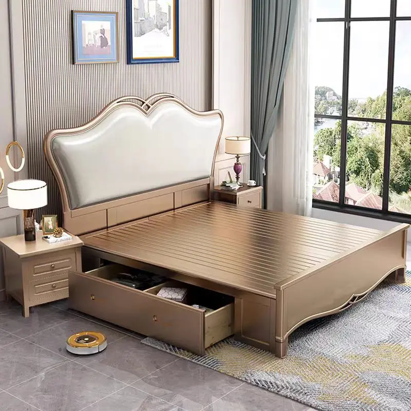 

@#2025 French Light Luxury Upholstered Beds Wood Frame Large King Size Queen Size Wooden Bed Frame With Storage