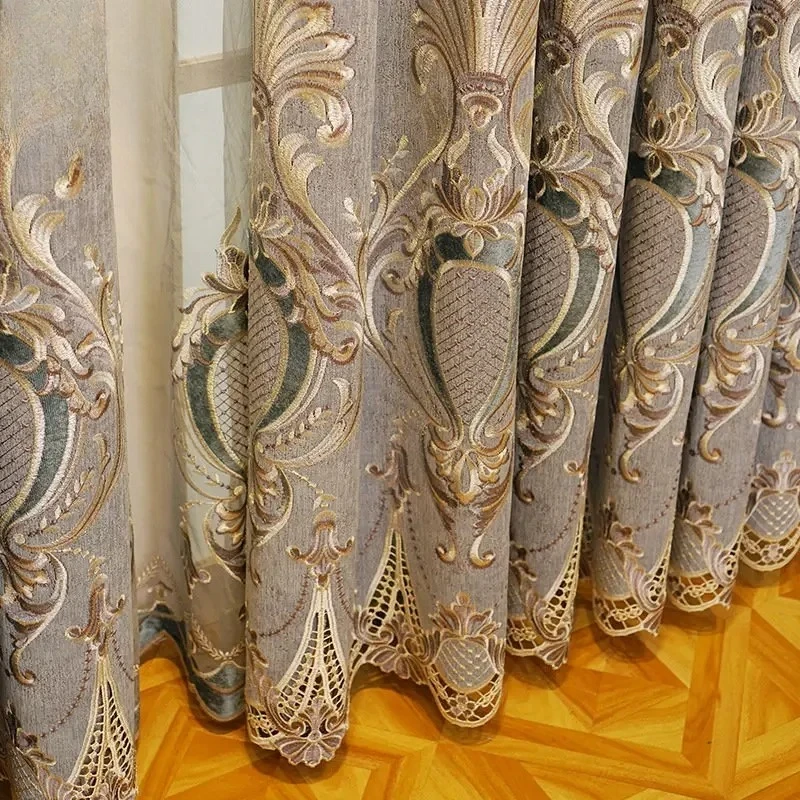 European Style Luxury Chenille Curtains for Living Room Bedroom Dining High Blackout Hollow Embroidered Window Drape Custom Size