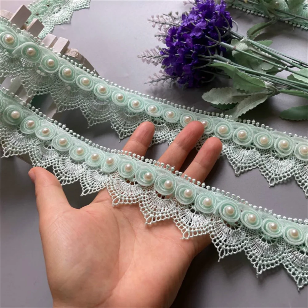 2 Yard Light Green Ribbon Plum Flowers Pearl Lace Trimmings Ribbons Beaded Lace Fabric Embroidered Sewing Wedding Dress Clothes