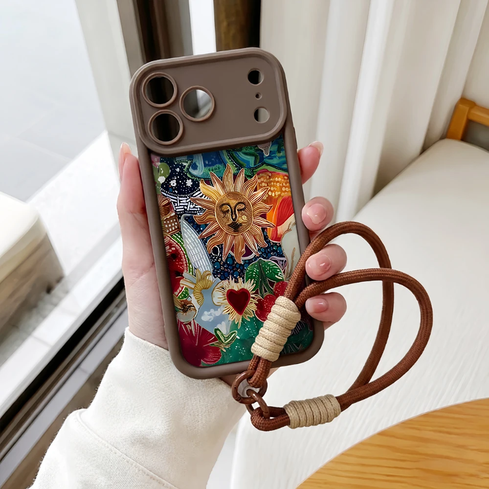 Handyhülle für iPhone 12 13 14 15 16 17 Pro Max 16 15 14 Pro Plus 17E Bohemian Tarot Sun Lanyard Stoßfeste Matte Silikonhülle – Detail 6