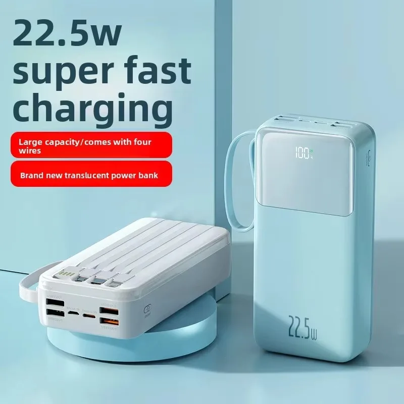 Power Bank 30000mAh 22.5W Super Fast Charging with 4 Built in Cables Semi Transparent LED Display Portable Charger