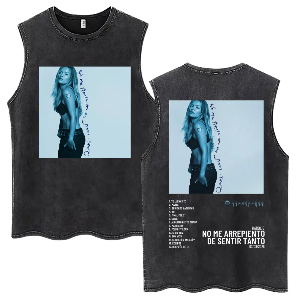 Washed Karol G No Me Arrepiento De Sentir Tanto Album Tank Tops Men Women Pop Music Vests Cotton Oversized Sleeveless T Shirts