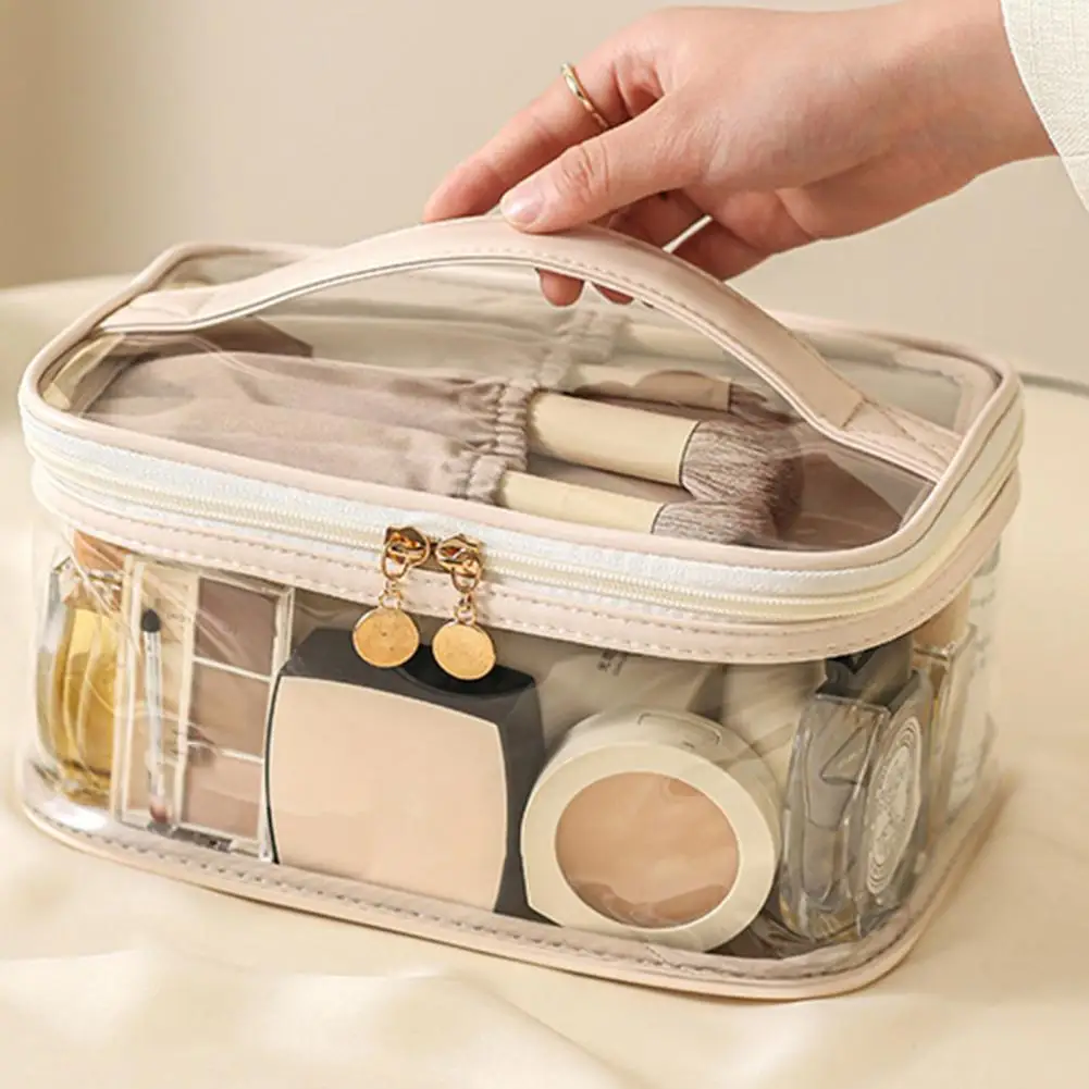 Fashion Transparent Makeup Cosmetic Bag With Handle Large Capacity Double Layer Makeup Bag Toiletry Zipper Bag