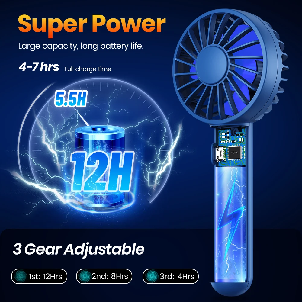 TOPK 1800mAh Rechargeable Mini Portable USB Fan [3-9 Working Hours] Personal Hand Fan table Cute Design Standing fans for room image 2