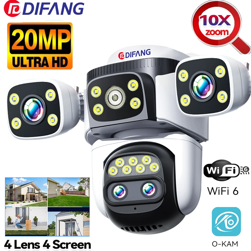 10K Home Security WiFi Camera Four Lens Four Screen PTZ 360° 10X Optical CCTV  Auto Tracking 20MP Wireless Surveillance  IP Cam